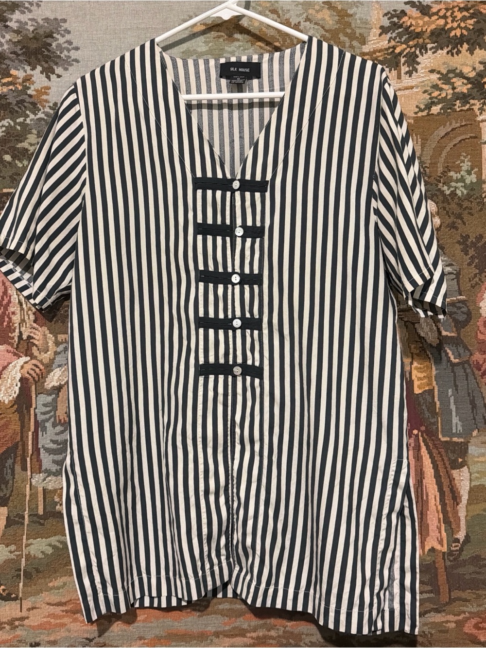 Silk House Navy & Cream Vertical Stripe Button Blouse